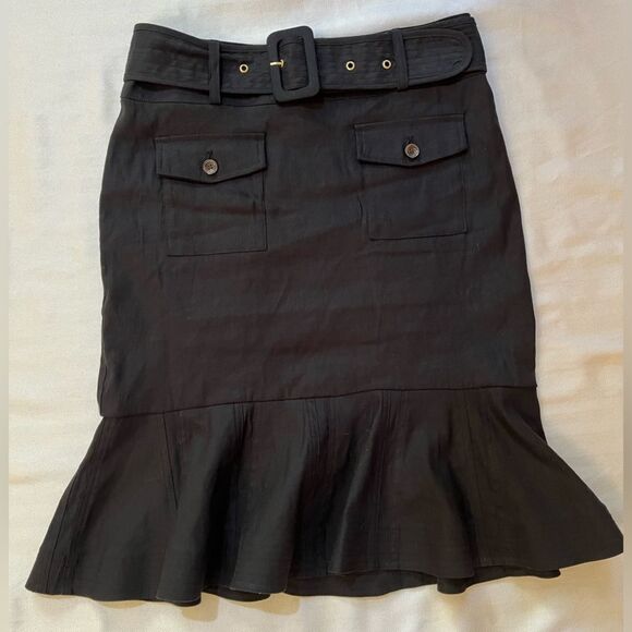 Calvin Klein Black linen midi belted skirt size 2.  Ruffle hemline A line skirt. - Picture 1 of 7